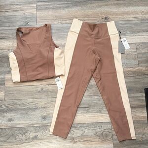 High-Waist Two-Tone Leggings and Crop Tank Set - Brown & Cream